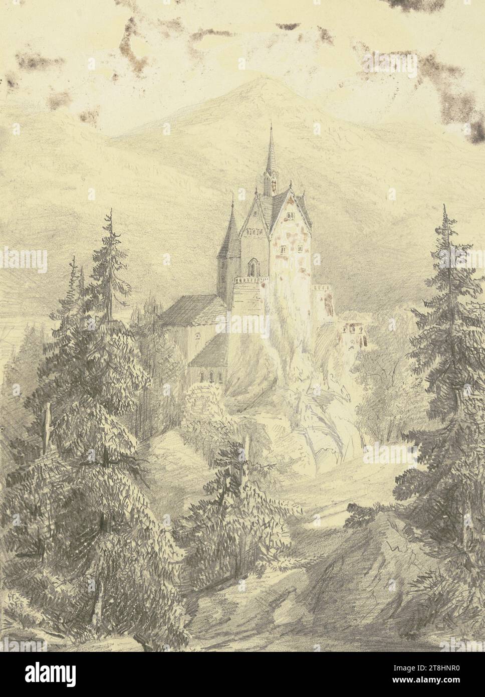 ALLEMAND, 19e SIÈCLE, Eglise dans les montagnes, feuille, 209 x 153 mm, crayon, rehaussé de blanc, oxydé, sur carton mince, Eglise dans les montagnes, allemand, 19e siècle, page, album adhésif de Marie Auguste Emilie Freiin von Günderrode, page 2, numéro de pièce / total, 1 / 1, 19E SIÈCLE, DESSIN, crayon, rehaussé en blanc, oxydé, sur carton mince, MÉLANGE GRAPHITE-ARGILE, PLOMB BLANC, CARTON, DESSIN AU CRAYON, REHAUSSEMENT BLANC, ALLEMAND, DESSIN AU FORMAT IMAGE, DESSIN AUTONOME Banque D'Images