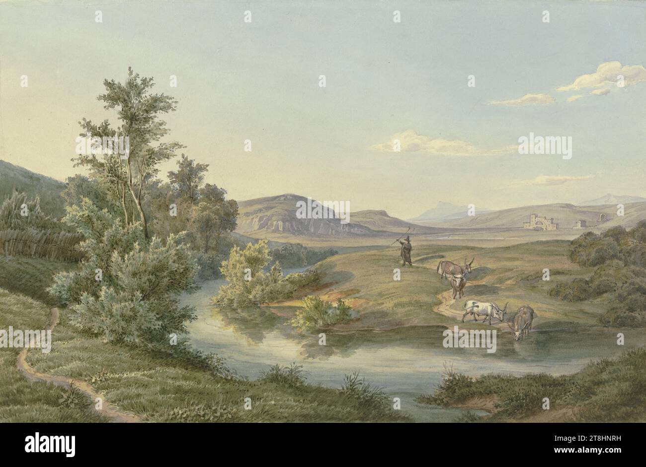 Dessin Original Romantique (XIXe Siècle) - Paysage Fluvial Avec Château - 15.3 X 22.3 Cm