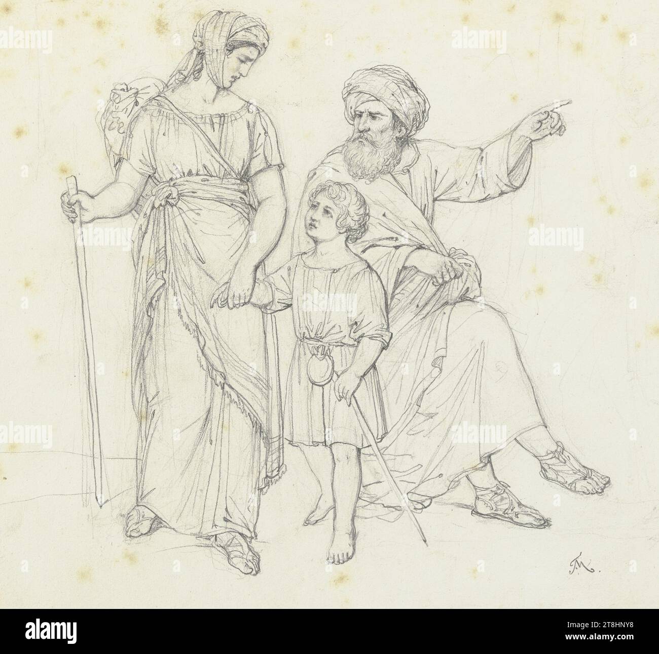 FRIEDRICH MOOSBRUGGER, expulsion de Hagar, feuille, 184 x 216 mm, crayon sur papier vélin, expulsion de Hagar, FRIEDRICH MOOSBRUGGER, page, album adhésif de Marie Auguste Emilie Freiin von Günderrode, page 47, référence / total, 1 / 1, 19E SIÈCLE, DESSIN, crayon sur papier vélin, MÉLANGE GRAPHITE-ARGILE, PAPIER VELOURS, DESSIN AU CRAYON, ALLEMAND, ÉTUDE DE FIGURE, ÉTUDE DE COMPOSITION, monogrammé en bas à droite, avec crayon, F.M. [ligaturé Banque D'Images