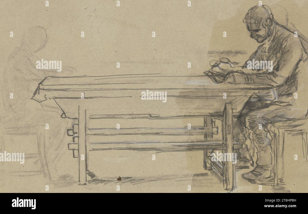 ANTON BURGER, homme lisant à une table, feuille, 173 x 274 mm, stylo noir-brun, recouvert de charbon de bois, rehaussé de blanc, sur papier brunâtre, fixe, homme lisant à une table, ANTON BURGER, 19E SIÈCLE, DESSIN, stylo en noir-brun, recouvert de charbon de bois, rehaussé de blanc, sur papier brunâtre, fixe, ENCRE?, ENCRE?, FUSAIN, COULEUR, PAPIER, DESSIN AU STYLO, DESSIN AU CHARBON DE BOIS, BLANC HIGHTENING, FIXATION, ALLEMAND, ÉTUDE DE FIGURE, ÉTUDE D'OBJET, CONCEPTION POUR Une PEINTURE?, inscrit sur la feuille de montage sur un autocollant en bas à gauche : Anton Burger, Francfort. Estate, 1907 / 183. Motif similaire, bien qu'un garçon Banque D'Images