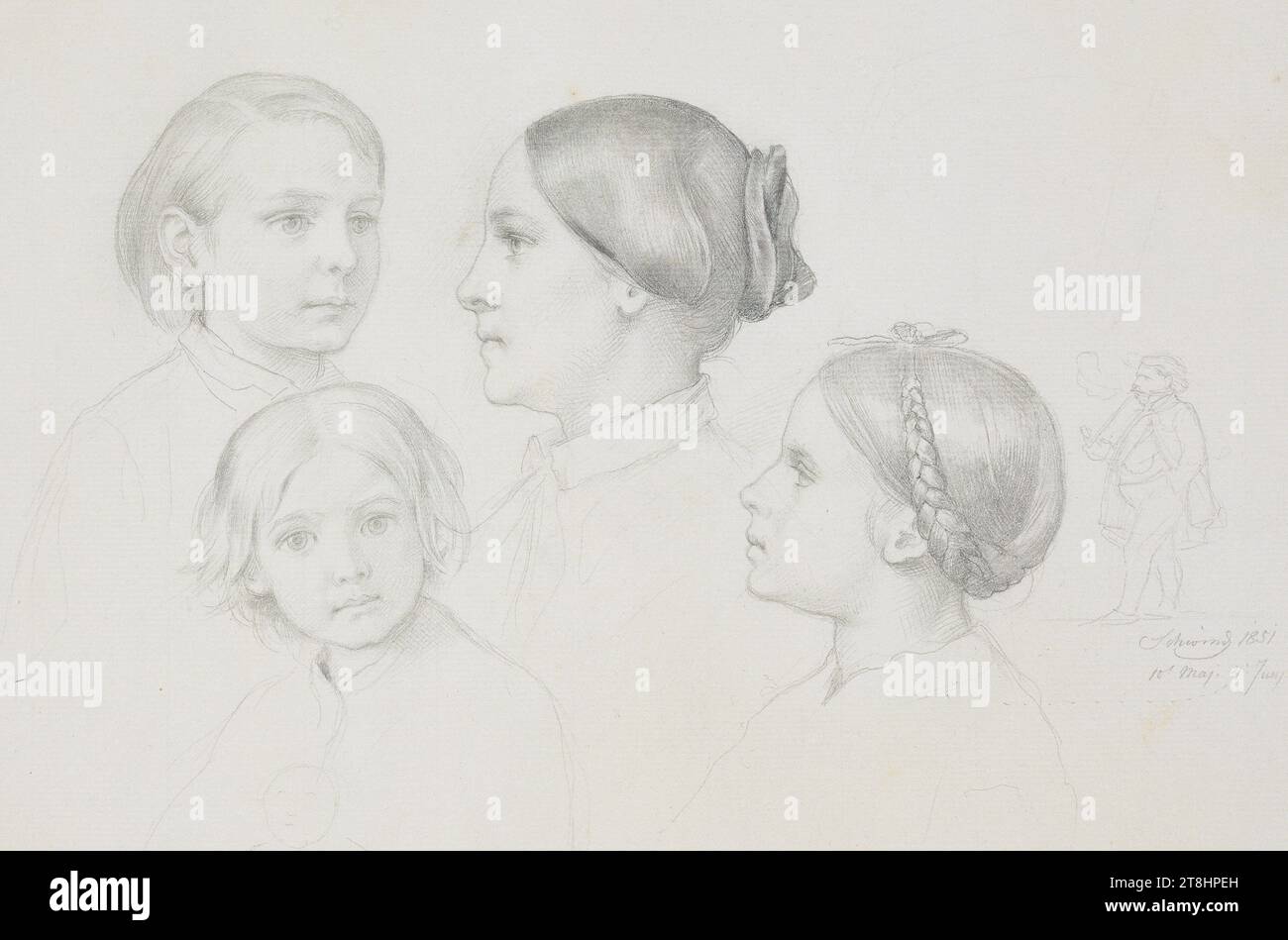 MORITZ VON SCHWIND, la famille de l'artiste, à droite un autoportrait, 10 mai 1851 - 4 juin 1851, feuille, 268 x 339 mm, crayon, partiellement essuyé, bordure au crayon sur tous les côtés, sur papier chamois fait main, la famille de l'artiste, à droite un autoportrait, MORITZ VON SCHWIND, MUNICH, 19E SIÈCLE, DESSIN, crayon, partiellement essuyé, ligne de bordure avec crayon de tous les côtés, sur papier fait à la main couleur chamois, MÉLANGE GRAPHITE-ARGILE, papier fait à la main, dessin au crayon, autrichien, Etude de portrait, signée et datée au milieu à droite, avec crayon, Schwind 1851 / 10 mai. 4 juin, timbre en bas à gauche de Banque D'Images
