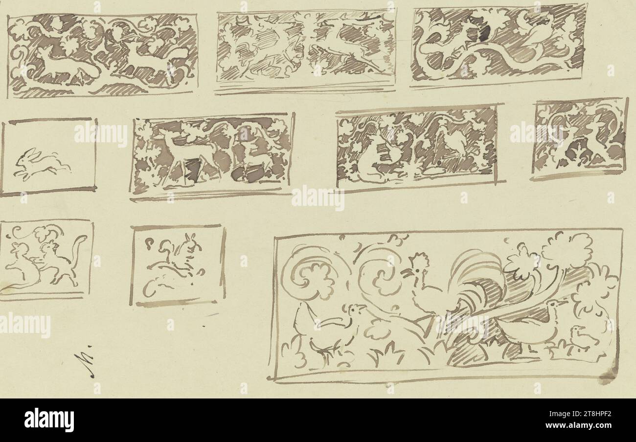 MORITZ VON SCHWIND, dessins pour balustrades - plombages, animaux en vrilles, feuille, 195 x 345 mm, stylo brun sur papier, dessins pour balustrades - plombages, animaux en vrilles, MORITZ VON SCHWIND, 19E SIÈCLE, DESSIN, stylo en marron sur papier, ENCRE?, ENCRE?, PAPIER, DESSIN AU STYLO, AUTRICHIEN, ÉTUDE D'ORNEMENT, CROQUIS, inscrit en bas à gauche, avec le stylo en noir, M., verso inscrit, avec crayon, OD [joint]  v.. R [Otto donner von Richter] Banque D'Images