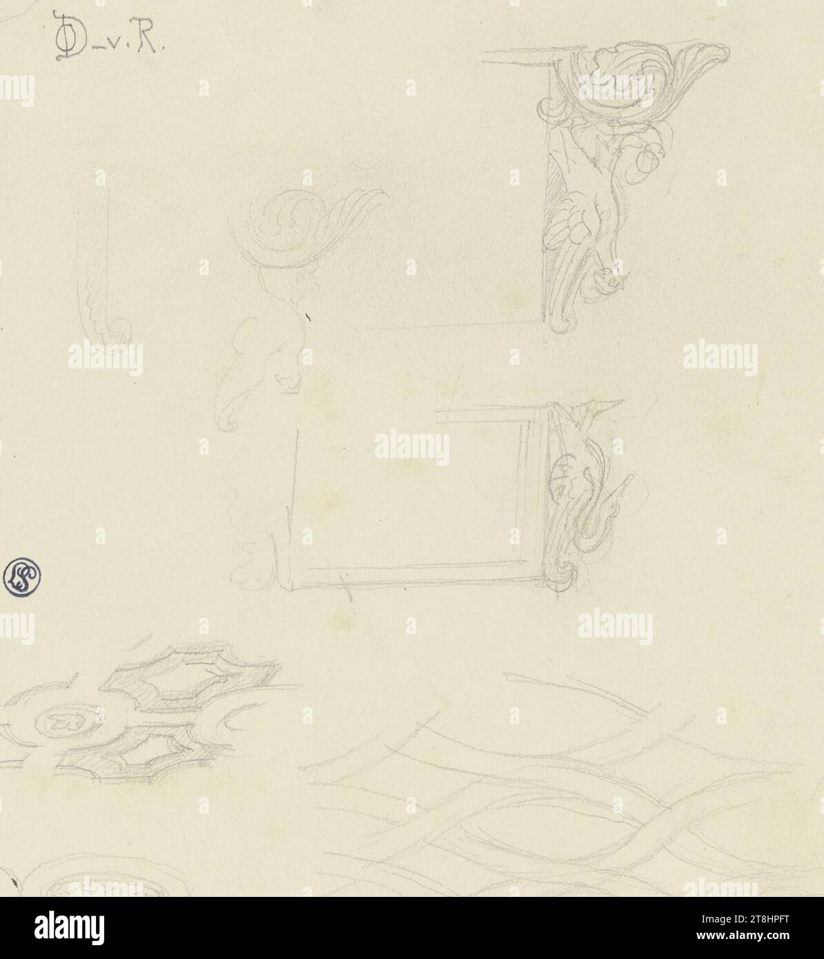 MORITZ VON SCHWIND, dessins ornementaux, env. 1854 - 1856, feuille, 194 x 185 mm, crayon sur papier, dessins ornementaux, MORITZ VON SCHWIND, agenouillé dans la guerre chantante, 19e SIÈCLE, DESSIN, crayon sur papier, MÉLANGE GRAPHITE-ARGILE, PAPIER, DESSIN AU CRAYON, AUTRICHIEN, DESSIN POUR Un AMEUBLEMENT DE CHAMBRE?, inscrit en haut à gauche, au crayon, OD [ligated]  v.. R. [Otto donner von Richter] Banque D'Images