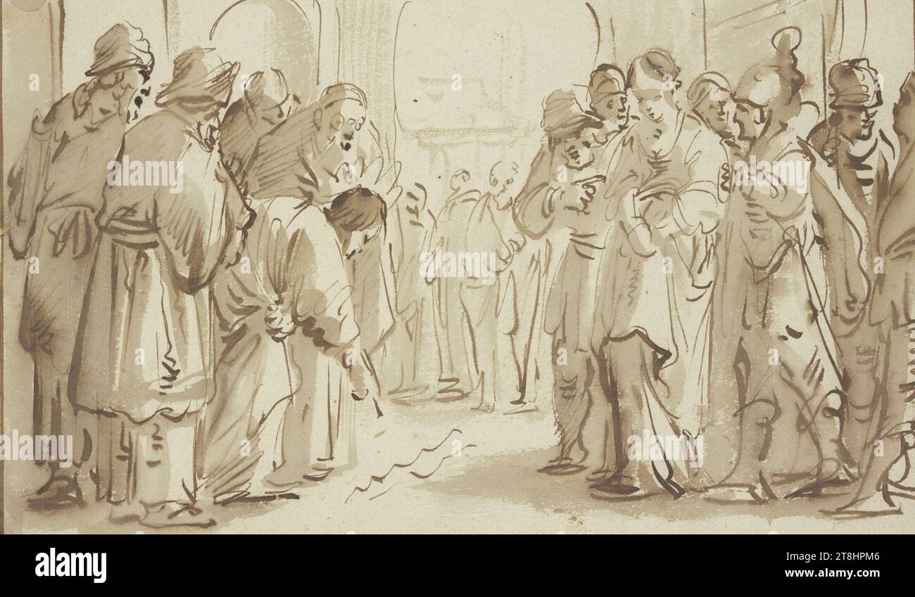PIETER PIETERSZ. LASTMAN ?, Christ et l'adultère, feuille, 123 x 201 mm, stylo brun, lavis gris-brun, bordure en brun sur tous les côtés, sur papier côtelé fait main, Christ et l'adultère, PIETER PIETERSZ. LASTMAN ?, 17E SIÈCLE, BAROQUE, DESSIN, stylo brun, lavage gris-brun, ligne de bordure sur tous les côtés en brun, sur papier côtelé fait à la main, ENCRE?, ENCRE?, PAPIER VERTICAL, PAPIER DE CONSTRUCTION, DESSIN À LA PLUME, LAVAGE, NÉERLANDAIS, ÉTUDE DE FIGURE, ÉTUDE DE COMPOSITION Banque D'Images