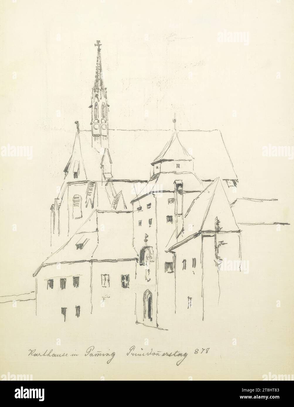 Karthause in Gaming, Maundy Thursday 1878, Sketchbook Hörmann Theodor von ; 28 pages paginées, Theodor von Hörmann, Imst 1840 - 1895 Graz, 1878, Sketchbook : 1877-1878, dessin, crayon, feuille : 21 cm x 13,9 cm, M.U. 'Karthause in Gaming Maundy Thursday 878', crayon Banque D'Images
