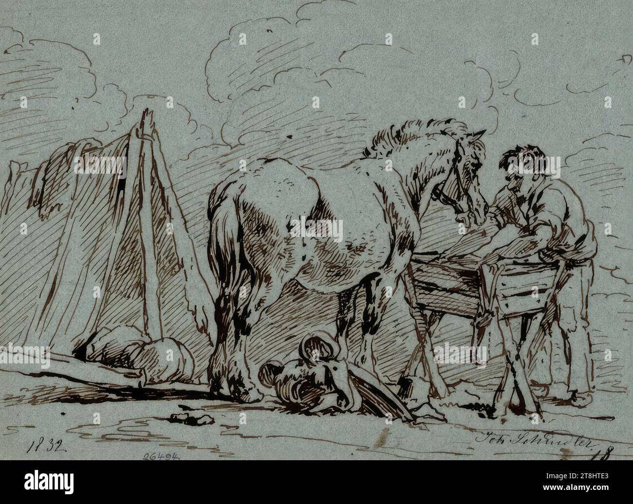 Cheval à la crèche avec un gardien devant une tente, Johann Josef Schindler, St. Pölten 1777 - 1836 Vienne, 1832, dessin, sépia, plume, papier bleu, selon Cahier : 26,1 x 22,4 cm, l.l. '26494, Autriche Banque D'Images