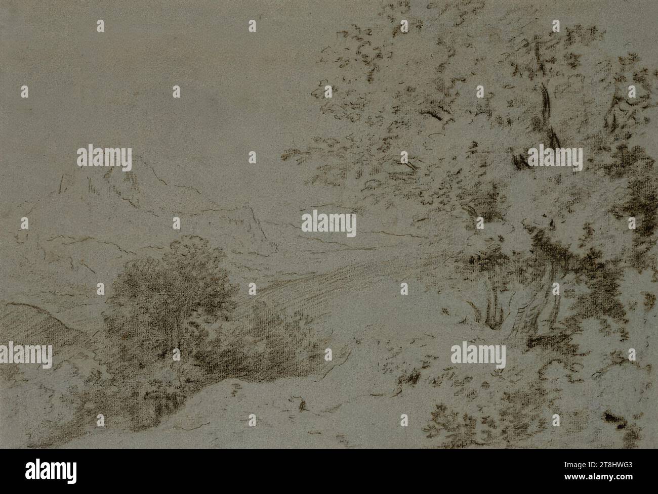 Étude de paysage, Anthonis van Dyck, Anvers 1599 - 1641 London-Blackfriars, dessin, crayon noir, sur papier bleu, 28,3 x 41,6 cm Banque D'Images