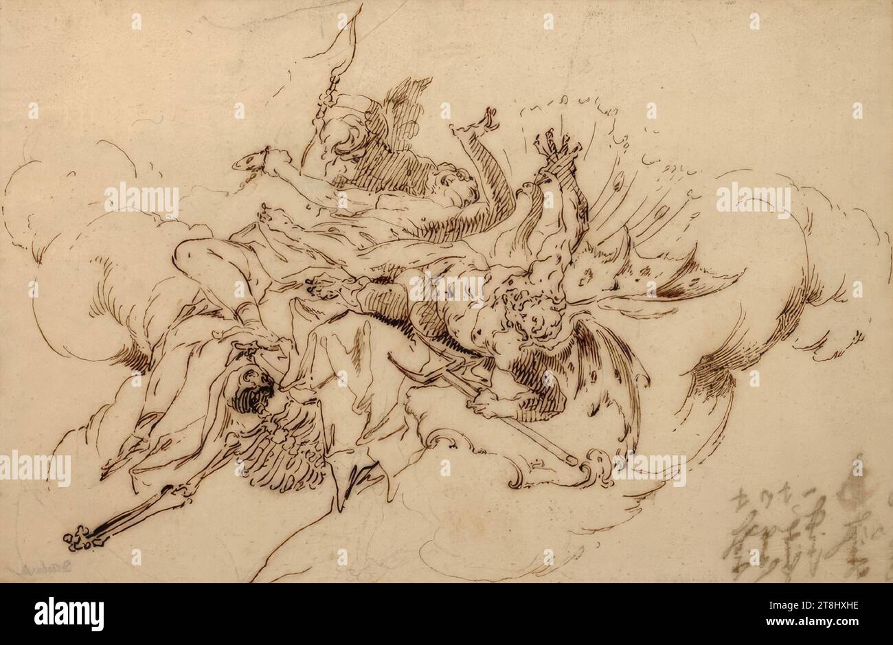 Cupidon, Vanitas, Lucifer et la mort tombent dans la bouche de l'enfer, Paul Troger, Welsberg 1698 - 1762 Vienne, vers 1735-38, dessin, stylo en plomb, stylo brun, 19,9 x 30 cm, revers : caractères, Autriche Banque D'Images