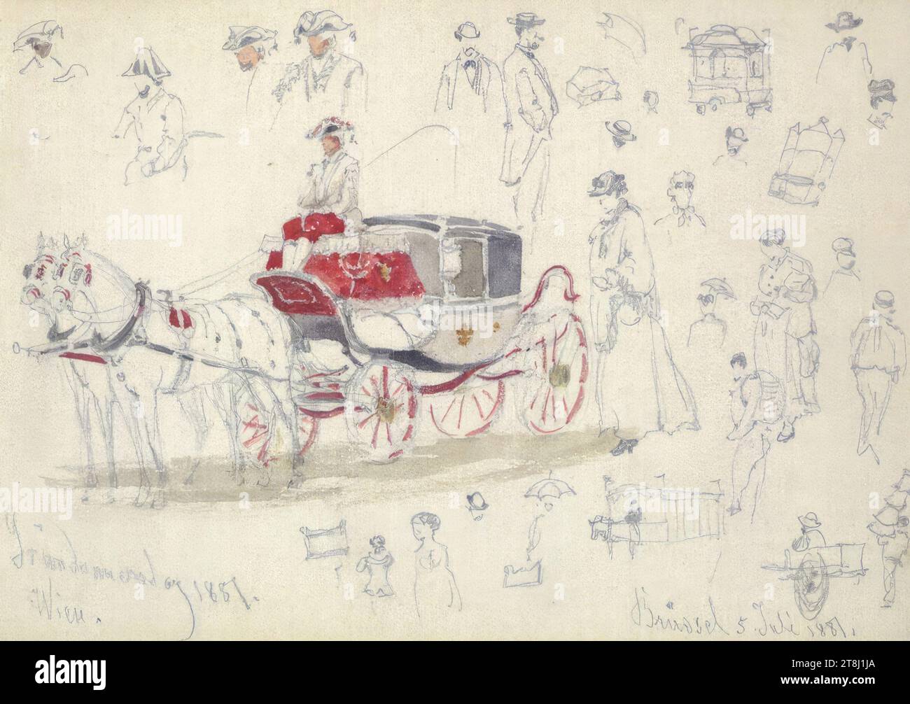 Croquis divers, Vienne, le jeudi 1881 mai et Bruxelles, le 5 juillet 1881, Alt Franz Sketchbook ; 27 pages paginées, Franz Alt, Vienne 1821 - 1914 Vienne, Maundy jeudi 1881 et 5 juillet 1881, carnet de croquis : 1879-1883, dessin, crayon, aquarelle, feuille : 9,6 cm x 14,1 cm, Autriche Banque D'Images