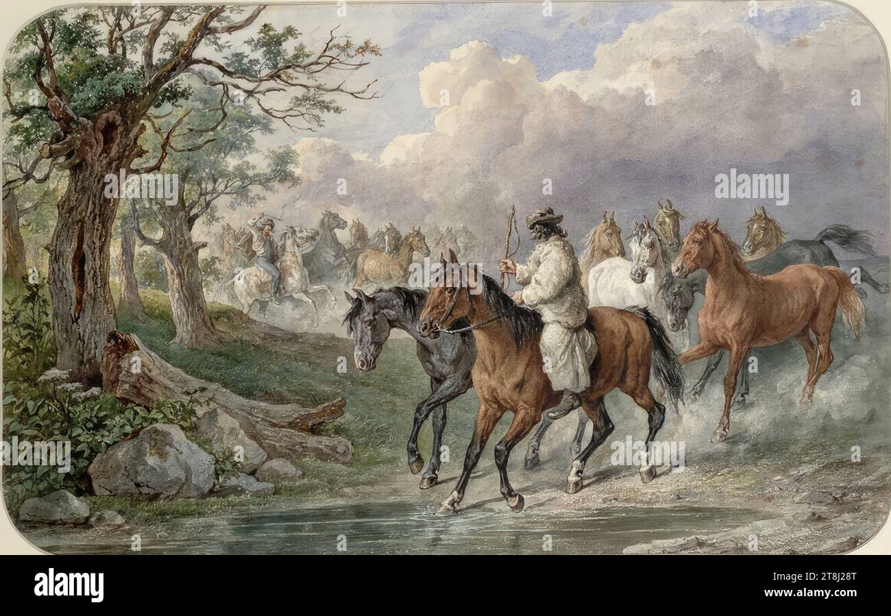 Dessin Ancien Original 'Deux Chevaux Au Pâturage' Vers 1890 - Crayon Réalisme - 25x28 Cm - Allemagne