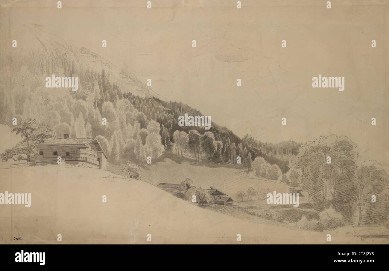 ALM à Graubünden, Charles Edouard Calame, Suisse, 1815 - 1852, 19e siècle, dessin, crayon, pinceau, lavage brun, 34,6 x 55 cm, M.U.: 'Graubünden. ALM.', Lead., droite : 'C. Calame', Lead Banque D'Images