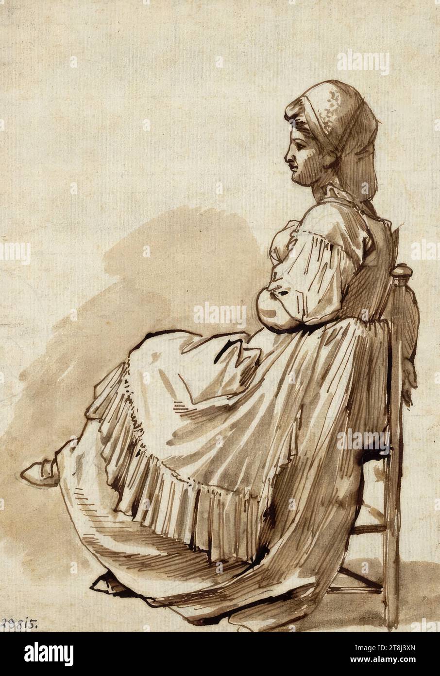 Jeune italienne assise en costume traditionnel, Ernst Christian Johann Friedrich Preller l'ancien, Eisenach 1804 - 1878 Weimar, 1859-1861 ou plus tard, dessin, plume et pinceau en brun, lavé, sur fusain, crayon?, traces, 207 x 149 mm Banque D'Images