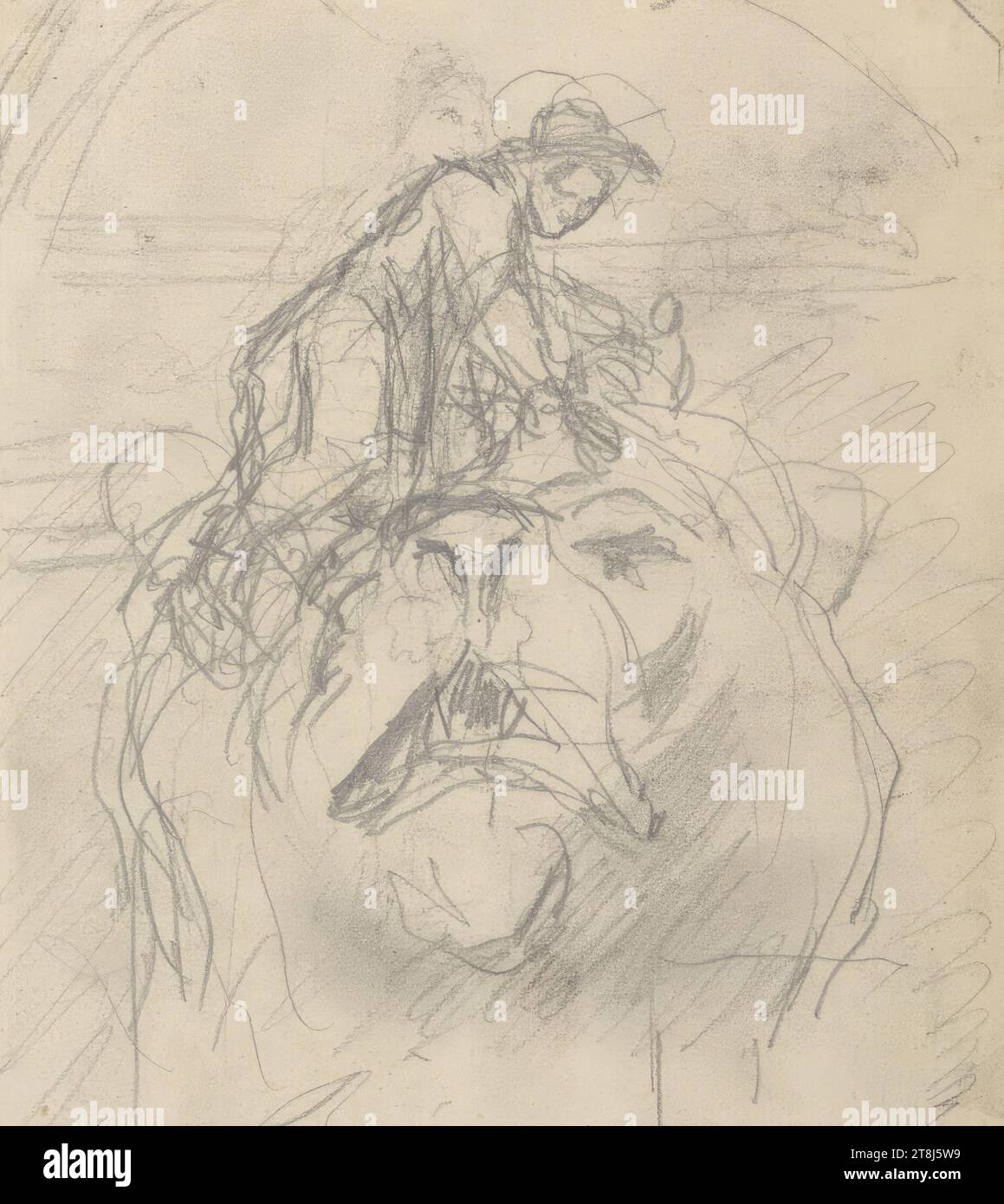 Représentation figurale sur une tête d'animal, Rudolf Weyr, Vienne 1847 - 1914 Vienne, dessin, crayon, 13,8 × 12 cm, Autriche Banque D'Images