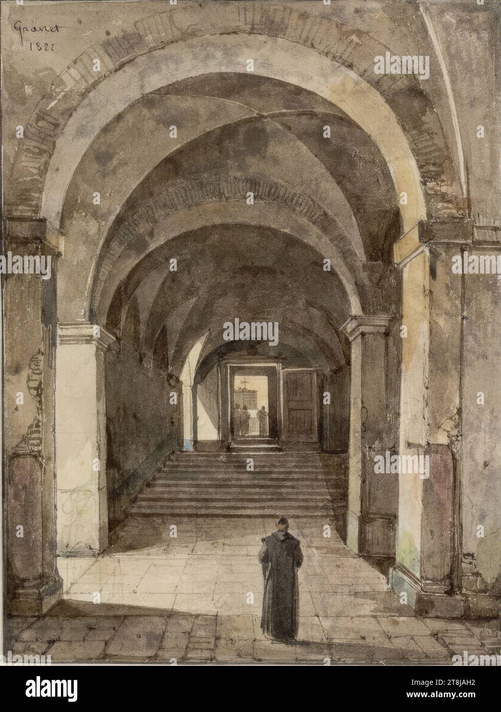 Vue d'un escalier de l'abbaye bénédictine de Farfa, François-Marius Granet, Aix-en-Provence 1775 - 1849 Aix-en-Provence, 1822, dessin, plume, pinceau, en brun, lavé, aquarelle, sur dessin au crayon, 15,2 x 11.4cm Banque D'Images