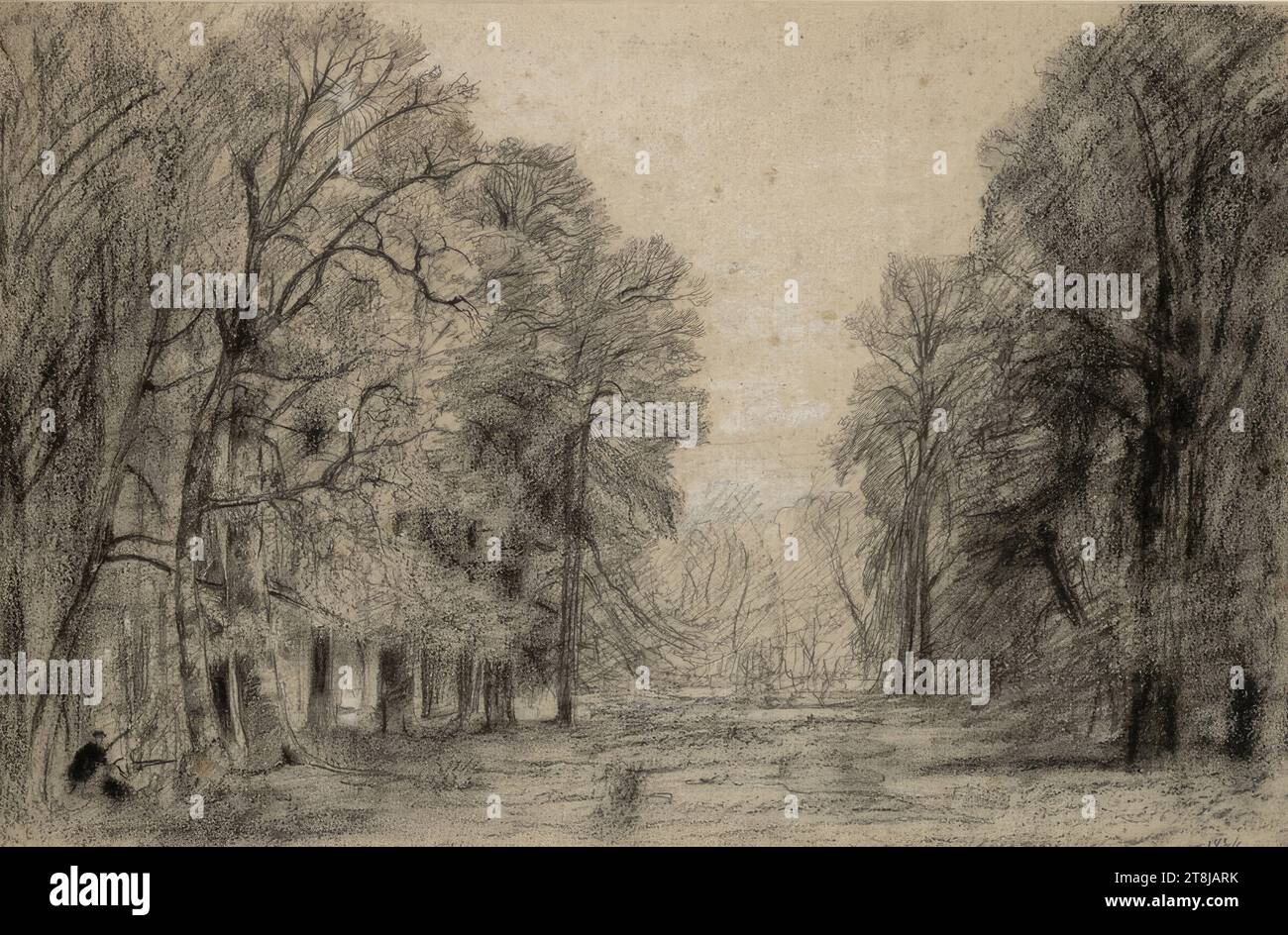 Deux chasseurs dans la forêt de Fontainebleau, Louis Nicolas Cabat, Paris 1812 - 1893 Paris, 1834, dessin, craie noire, fusain, rehaussé de craie blanche, sur papier renard, 30,8 x 47,9 cm Banque D'Images