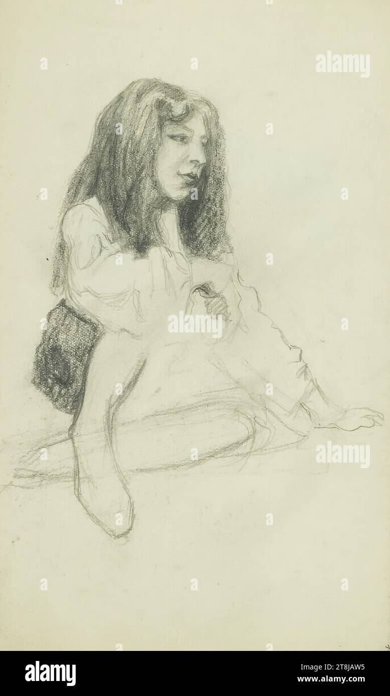 Etude figurative d'une fille assise le bras reposant sur le genou, Pascin Jules Sketchbook ; 19 pages paginées, Jules Pascin, Widin, Bulgarie, 1885 - 1930 Paris, carnet de croquis : 1900-1905, dessin, crayon, feuille : 20,7 x 12,2 cm Banque D'Images
