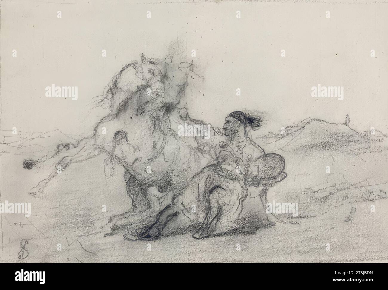 Arabe avec cheval d'élevage, Christian Adolf Schreyer, Francfort-sur-le-main 1828 - 1899 Kronberg im Taunus, 19e siècle, dessin, recto : crayon, essuyé; ligne de bordure de crayon sketchy - verso : crayon, motifs individuels encadrés, 181 x 223 mm Banque D'Images