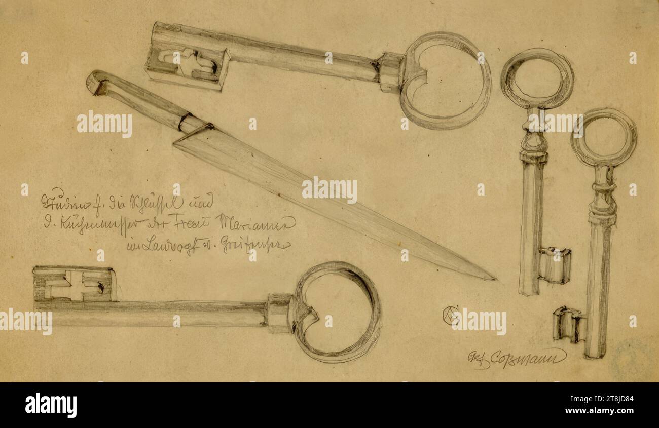Bureau pour clés et couteaux, Alfred Cossmann, Graz 1870 - 1951 Vienne, dessin, crayon, 128 x 219 mm, droite. 'A. Coßmann', monogramme AC l. Center inscrit : 'études pour les clés et d. couteau de cuisine de Mme Marianne dans le Landvogt v. Greifensee, Autriche Banque D'Images