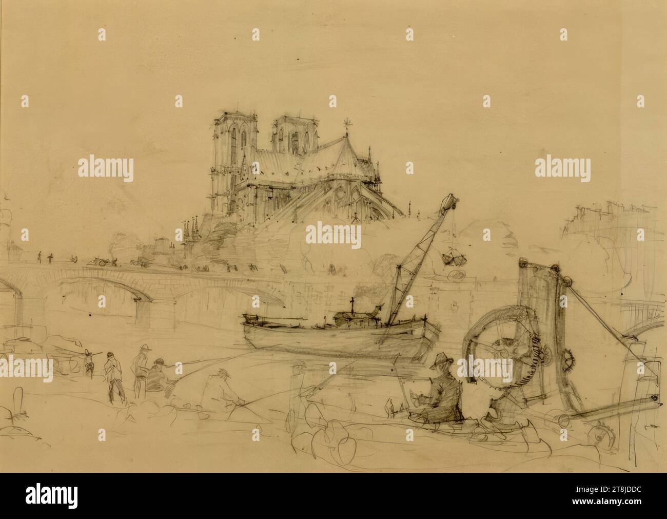 Notre Dame à Paris avec pont de Seine, Otto Straeche, Autriche 1889, - 1945, dessin, crayon, passe-partout découpe : 18 x 25 cm, 7 1/16 x 9 13/16 po Banque D'Images