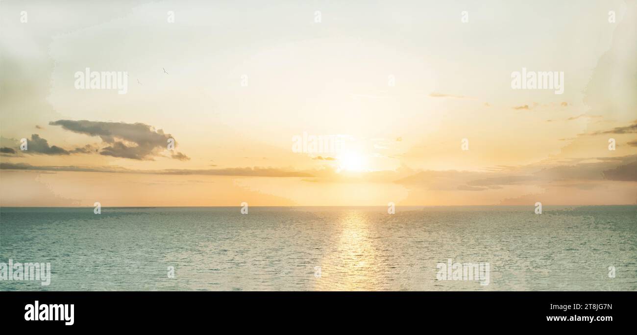 Incroyable coucher de soleil rose-jaune de .le Havre ville à Manche (mer du Nord). Un petit nuage dans le ciel. Trajectoire du soleil dans l'eau. Les gens profitent de l'été et regardent Banque D'Images