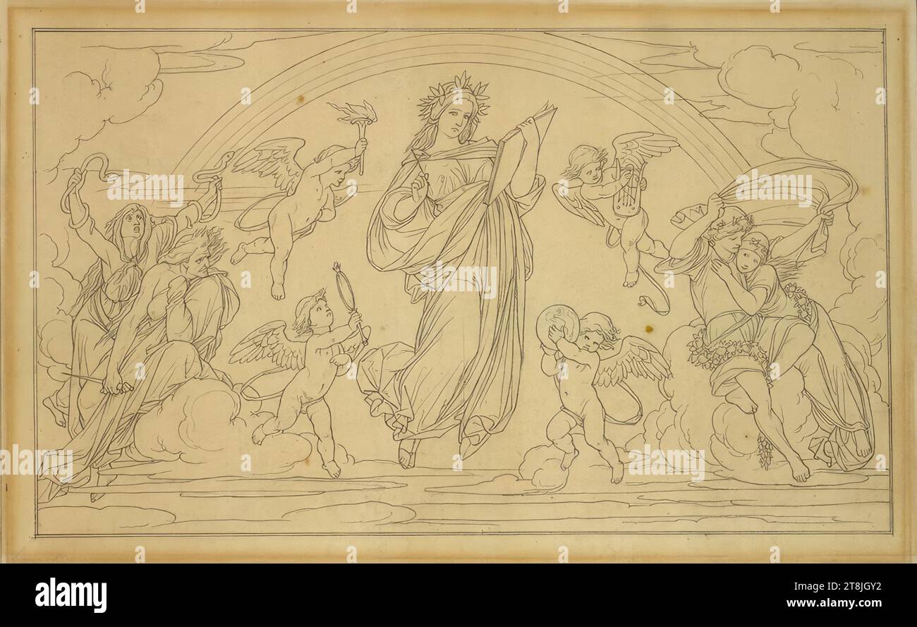 Conception pour la décoration de l'escalier de l'Opéra de Francfort : le poème dramatique entre l'amour et la haine, Edward Jakob von Steinle, Vienne 1810 - 1886 Francfort-sur-le-main, vers 1879, dessin, rupture de gris, passé au crayon; ligne de bordure double crayon et ligne de cadre au crayon autour de l'image, 32,1 x 49,9 cm, 12 5/8 x 19 5/8 po., verso, env., re.o. : dessin du lord professeur von Steinle sur la lettre de la délégation de construction datée du 11 novembre 1879 communiquée à M. Walther Bode, sous réserve de retour, Autriche Banque D'Images