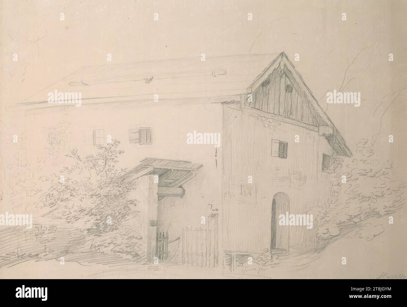 Croquis d'une maison à Hallstatt, carnet de croquis Toma Matthias Rudolf ; 29 croquis collés au crayon, pages collées du livre sont paginées, Matthias Rudolf Toma, Vienne 1792 - 1869 Vienne, dessin, crayon, feuille : 21,3 cm x 31,2 cm, à droite. 'Hallstad', crayon, Autriche Banque D'Images