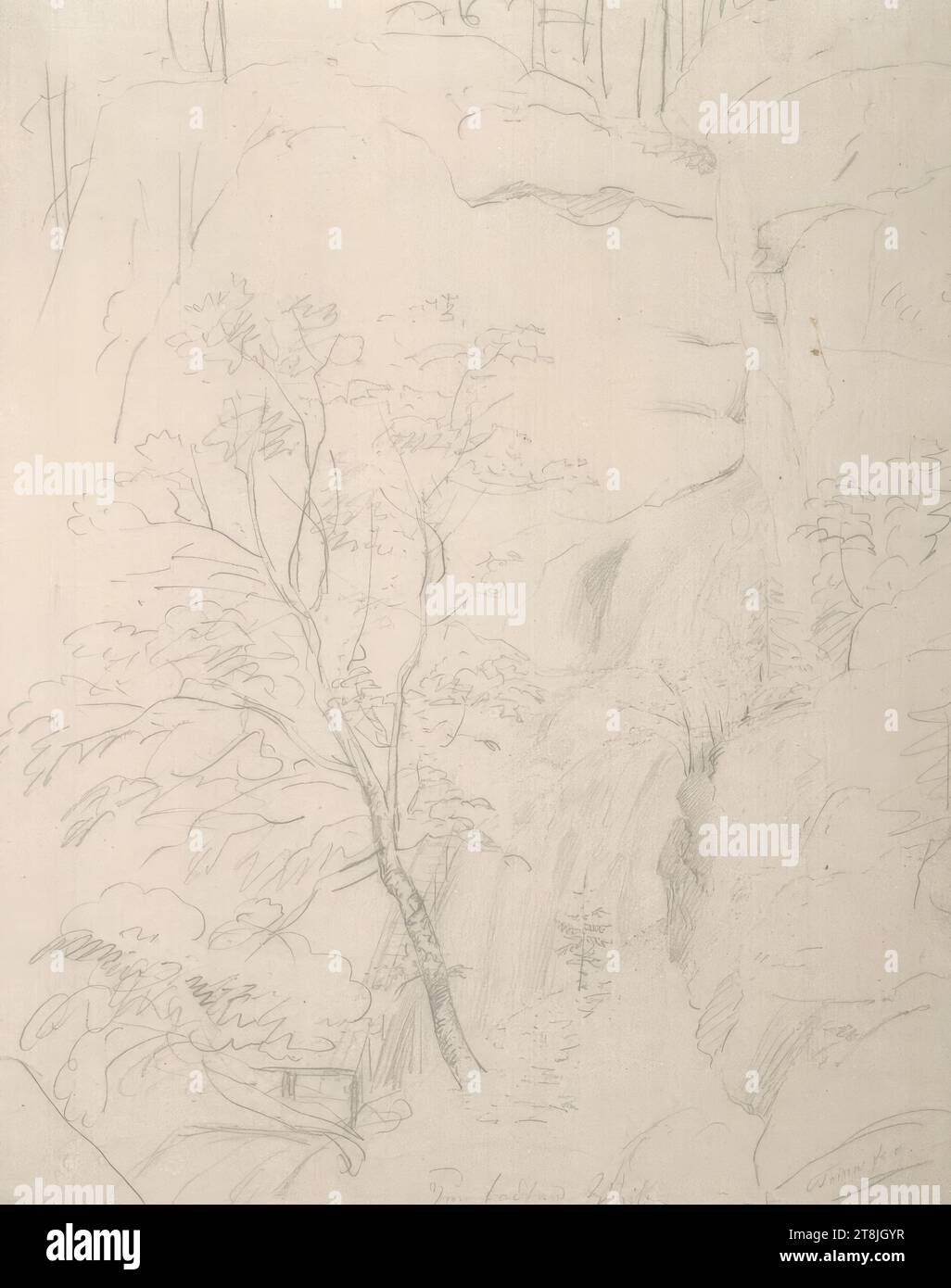 Paysage rocheux avec cascade, carnet de croquis Toma Matthias Rudolf ; 29 croquis collés au crayon, pages collées du livre sont paginées, Matthias Rudolf Toma, Vienne 1792 - 1869 Vienne, dessin, crayon, feuille : 26,7 cm x 21,4 cm, M. U. 'à la femme morte', crayon, Autriche Banque D'Images