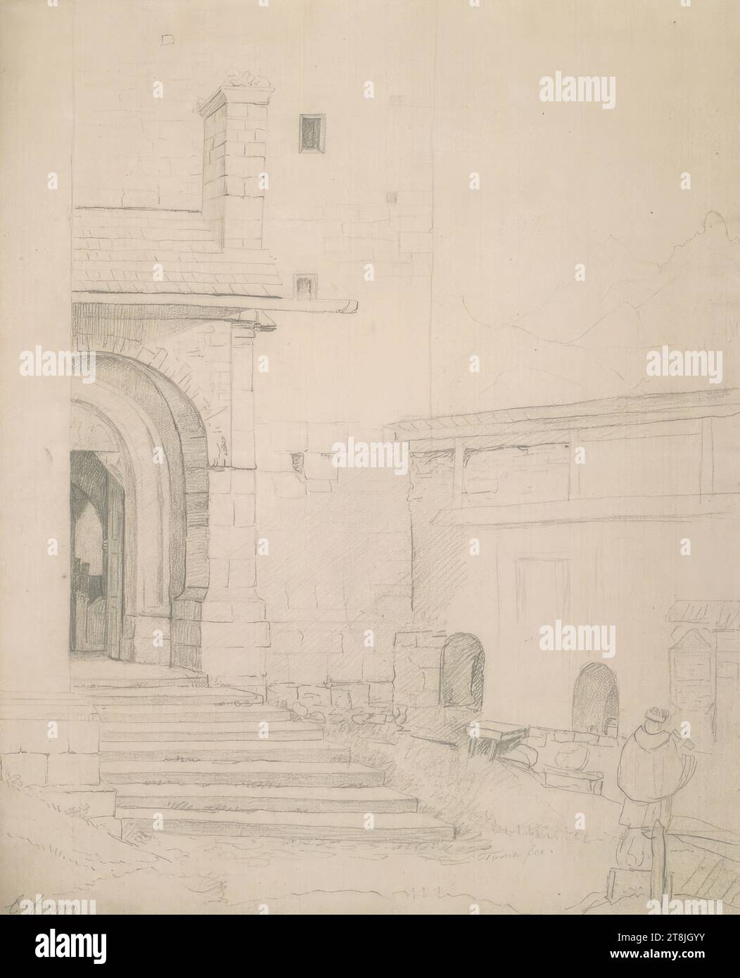 Entrée d'une église, pasteur sur le mur environnant, carnet de croquis Toma Matthias Rudolf ; 29 croquis collés au crayon, pages collées du livre sont paginées, Matthias Rudolf Toma, Vienne 1792 - 1869 Vienne, dessin, crayon, feuille : 31,5 cm x 23,8 cm, l.l. 'Eisenberg', crayon, Autriche Banque D'Images