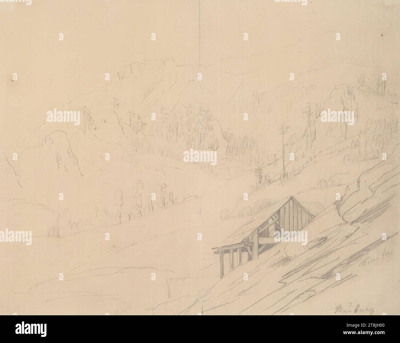 Paysage avec cabane en bois, carnet de croquis Toma Matthias Rudolf ; 29 croquis collés au crayon, pages collées du livre sont paginées, Matthias Rudolf Toma, Vienne 1792 - 1869 Vienne, dessin, crayon, feuille : 18,1 cm x 23 cm, droite. 'Neuberg', crayon, Autriche Banque D'Images
