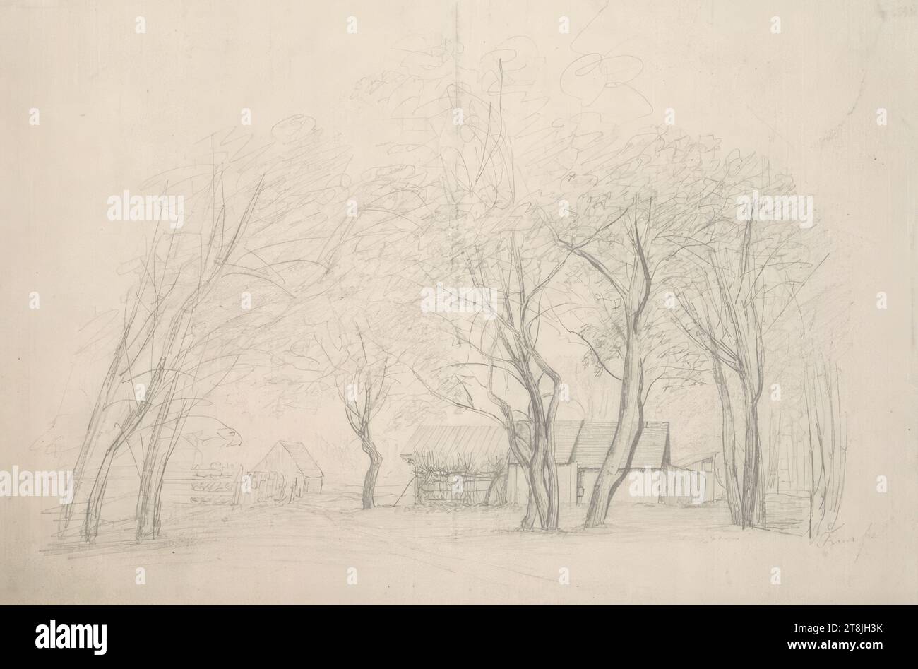 Groupes d'arbres autour des huttes en bois, carnet de croquis Toma Matthias Rudolf ; 29 croquis collés au crayon, pages collées du livre sont paginées, Matthias Rudolf Toma, Vienne 1792 - 1869 Vienne, dessin, crayon, feuille : 16,7 cm x 24 cm, Autriche Banque D'Images