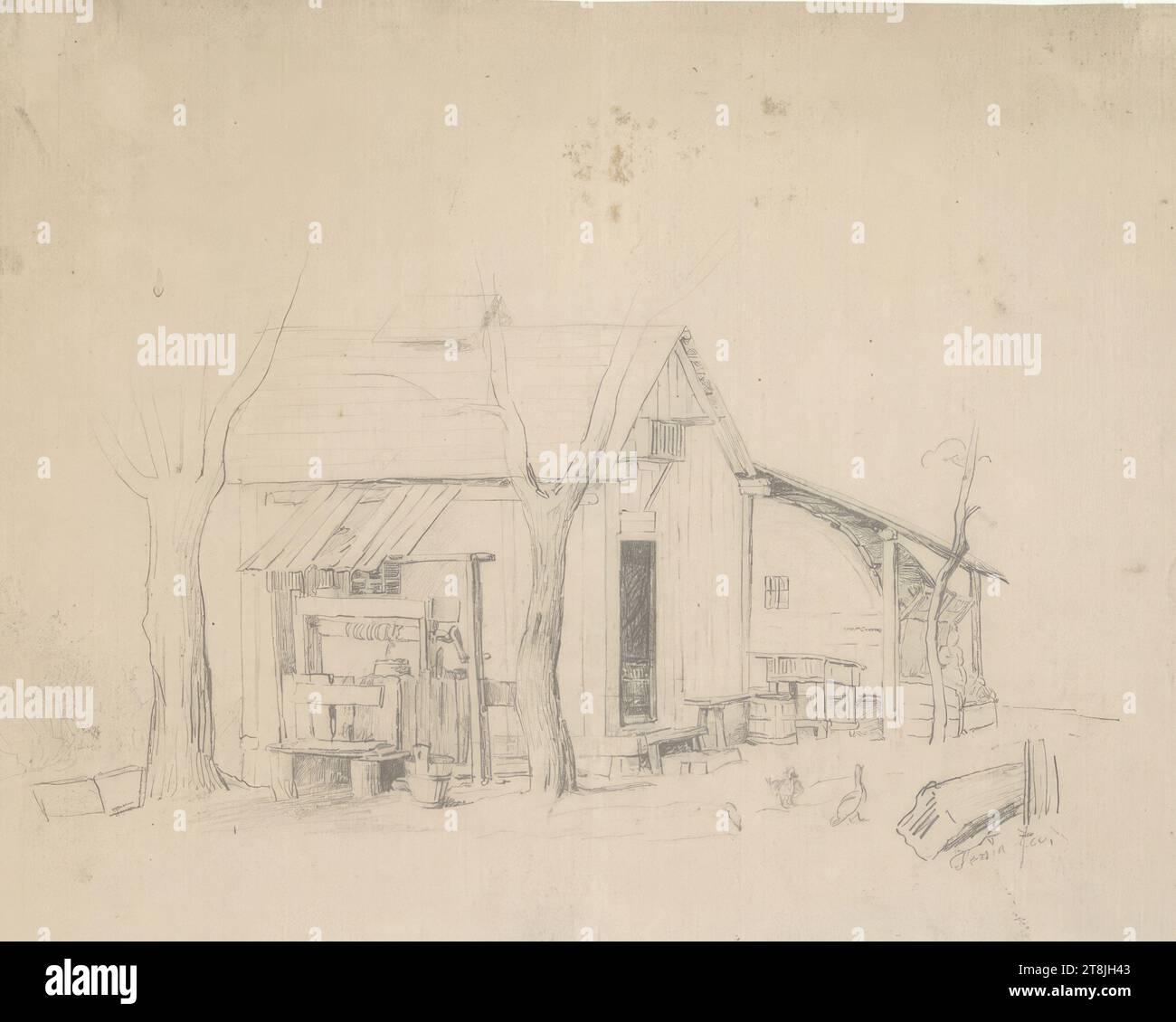 Ferme avec puits et volaille, carnet de croquis Toma Matthias Rudolf ; 29 croquis collés au crayon, pages collées du livre paginate, Matthias Rudolf Toma, Vienne 1792 - 1869 Vienne, dessin, crayon, feuille : 17,1 cm x 22 cm, Autriche Banque D'Images