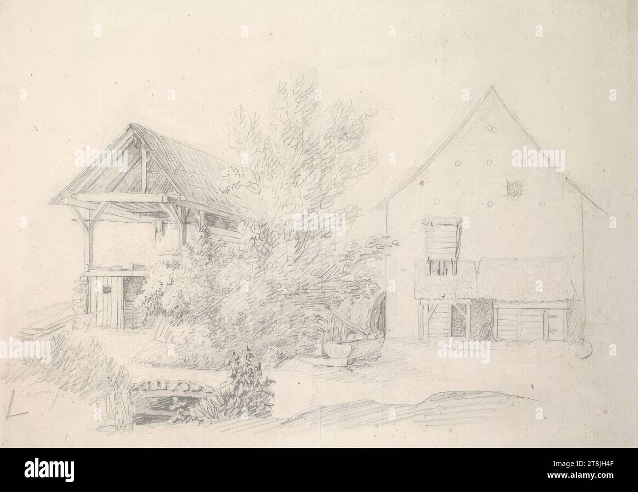 Croquis d'une ferme avec une grange, carnet de croquis Toma Matthias Rudolf ; 29 croquis collés au crayon, pages collées du livre sont paginées, Matthias Rudolf Toma, Vienne 1792 - 1869 Vienne, dessin, crayon, feuille : 19,9 cm x 28,8 cm, Autriche Banque D'Images