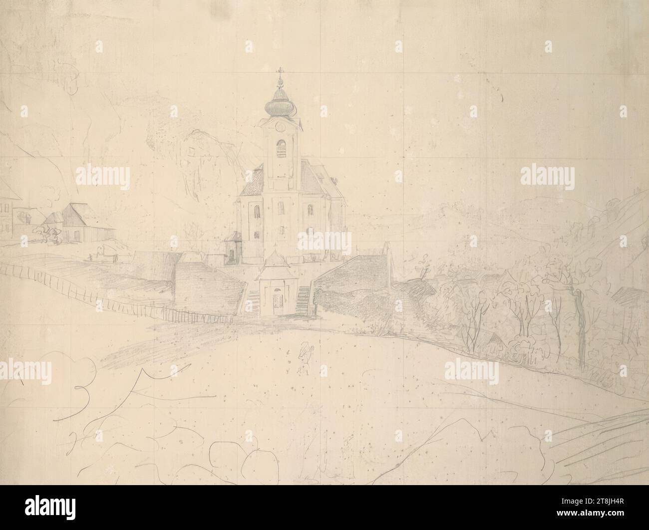 Paysage avec une église sur une colline, carnet de croquis Toma Matthias Rudolf ; 29 croquis collés au crayon, pages collées du livre sont paginées, Matthias Rudolf Toma, Vienne 1792 - 1869 Vienne, dessin, crayon, feuille : 22,5 cm x 29,7 cm, Autriche Banque D'Images