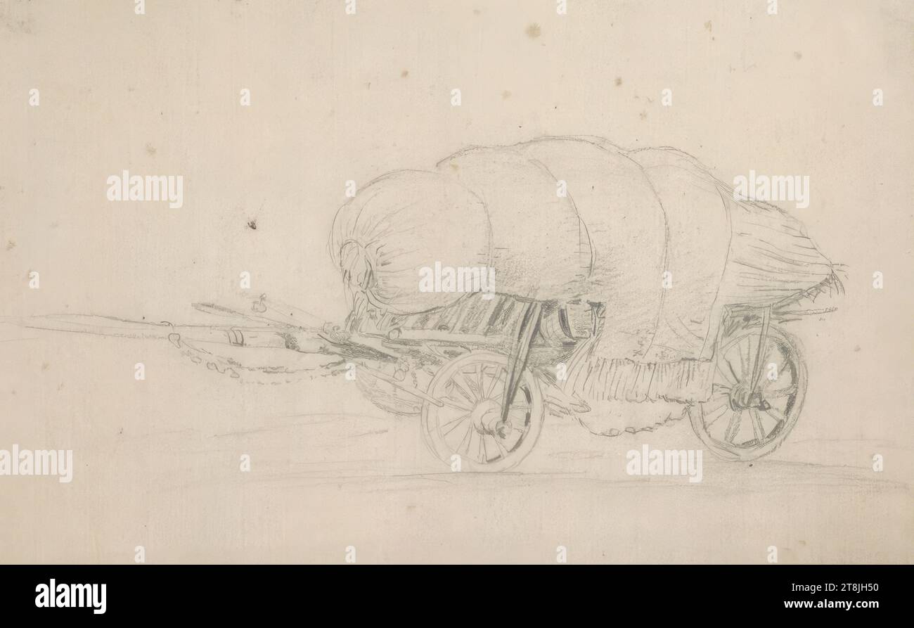 Chariot à foin, carnet de croquis Toma Matthias Rudolf ; 53 croquis collés au crayon, pages collées du livre paginées, Matthias Rudolf Toma, Vienne 1792 - 1869 Vienne, dessin, crayon, feuille : 11,4 cm x 16,6 cm, à droite. Flou, illisible, Autriche Banque D'Images