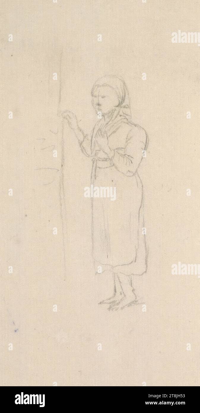 Femme de fermier avec un foulard sur un mur de maison, carnet de croquis Toma Matthias Rudolf ; 53 croquis collés au crayon, pages collées de livres paginées, Matthias Rudolf Toma, Vienne 1792 - 1869 Vienne, dessin, crayon, feuille : 12 cm x 5,8 cm, Autriche Banque D'Images
