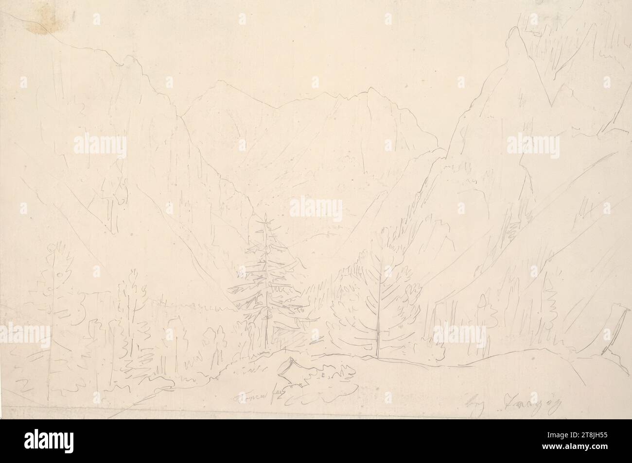 Paysage forestier rocheux, Trageöß?, Sketchbook Toma Matthias Rudolf ; 29 croquis collés au crayon, pages collées du livre sont paginées, Matthias Rudolf Toma, Vienne 1792 - 1869 Vienne, dessin, crayon, feuille : 15,1 cm x 22,9 cm, à droite. 'bey Tragöz', crayon, Autriche Banque D'Images