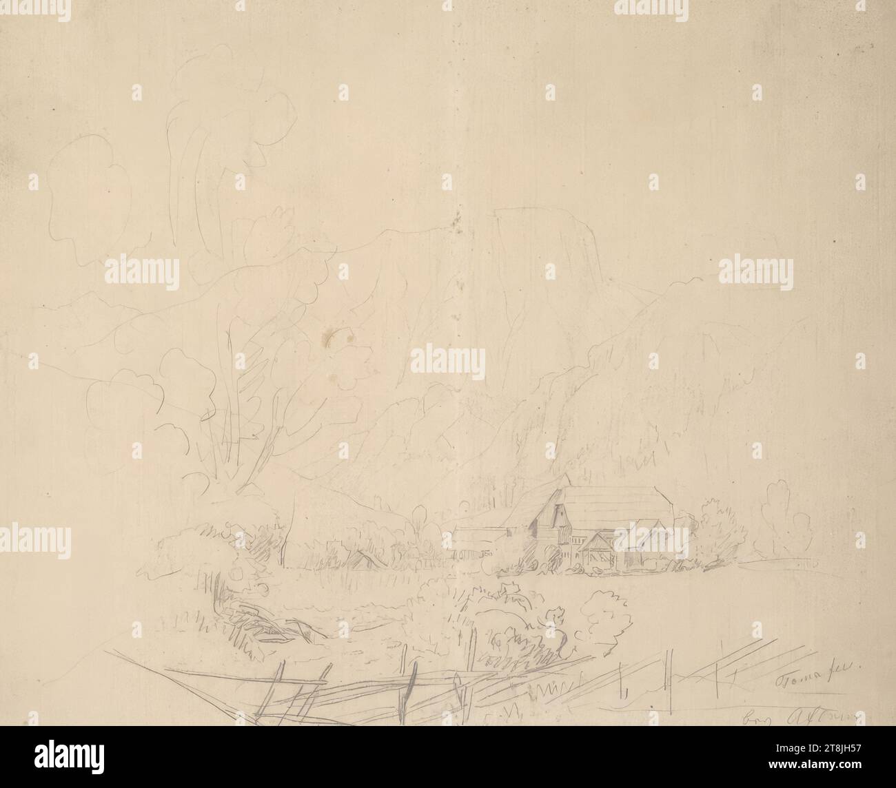 Paysage de montagne avec ferme, carnet de croquis Toma Matthias Rudolf ; 29 croquis collés au crayon, pages collées du livre sont paginées, Matthias Rudolf Toma, Vienne 1792 - 1869 Vienne, dessin, crayon, feuille : 18,3 cm x 22,7 cm, à droite. 'bey Aflenz', crayon, Autriche Banque D'Images