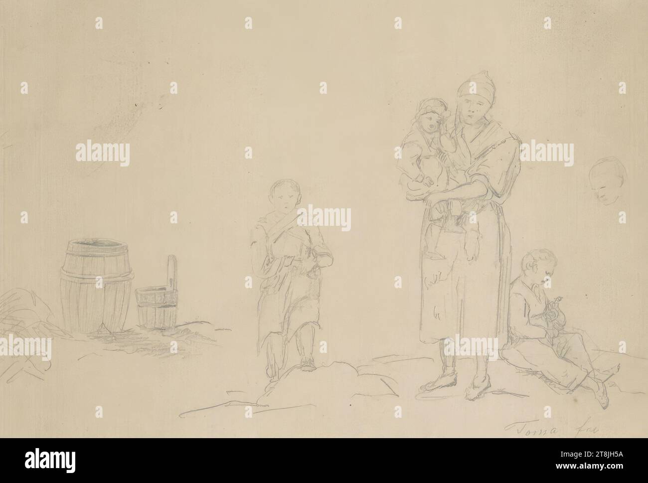 Femme avec enfant dans les bras, garçon debout et assis ; croquis facial doux ; baril et seau, carnet de croquis Toma Matthias Rudolf ; 53 croquis collés au crayon, pages collées du livre paginées, Matthias Rudolf Toma, Vienne 1792 - 1869 Vienne, dessin, crayon, feuille : 11,7 cm x 16,2 cm, Autriche Banque D'Images