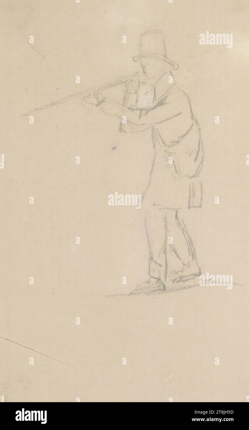 Hunter se lançant avec un fusil de chasse, carnet de croquis Toma Matthias Rudolf ; 53 croquis collés au crayon, pages collées du livre paginées, Matthias Rudolf Toma, Vienne 1792 - 1869 Vienne, dessin, crayon, feuille : 6,4 cm x 10,4 cm, Autriche Banque D'Images