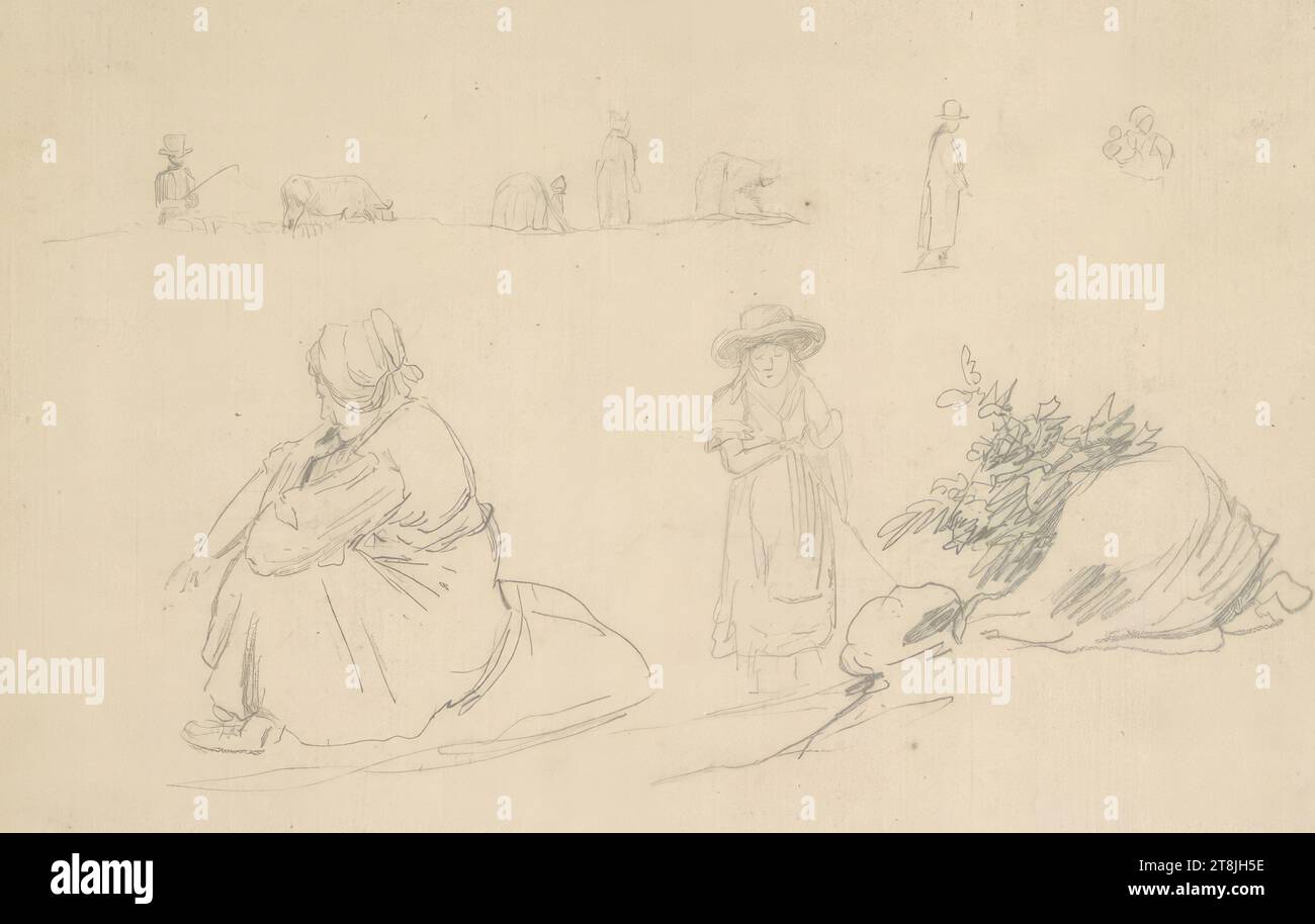 Diverses études de mouvement de la vie rurale ; femme se reposant et debout près d'un rocher au premier plan, carnet de croquis Toma Matthias Rudolf ; 53 croquis collés au crayon, pages collées de livres paginées, Matthias Rudolf Toma, Vienne 1792 - 1869 Vienne, dessin, crayon, feuille : 11,5 cm x 17,2 cm, Autriche Banque D'Images