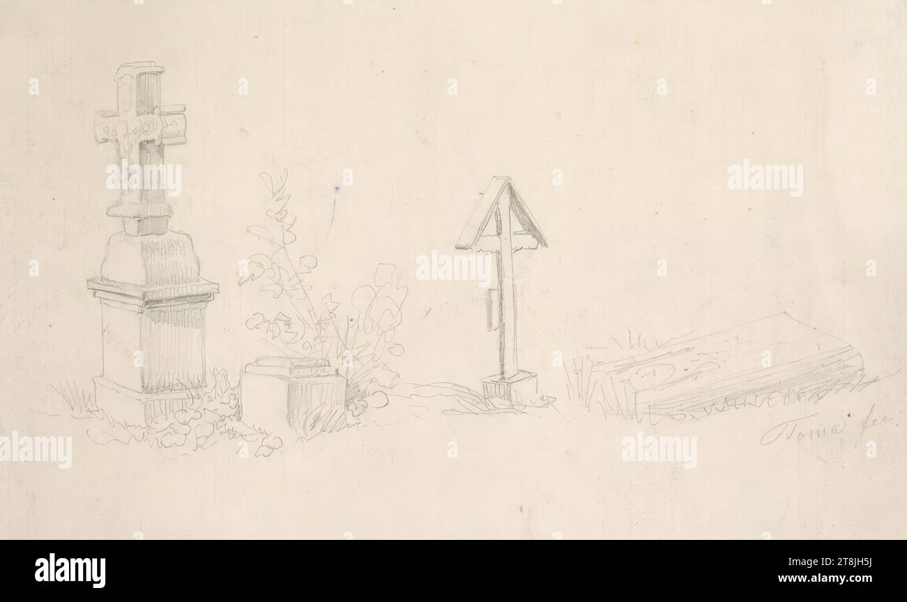 Détail d'un cimetière, carnet de croquis Toma Matthias Rudolf ; 53 croquis au crayon collés, pages de livres collées paginées, Matthias Rudolf Toma, Vienne 1792 - 1869 Vienne, dessin, crayon, feuille : 10,8 cm x 17,5 cm, Autriche Banque D'Images