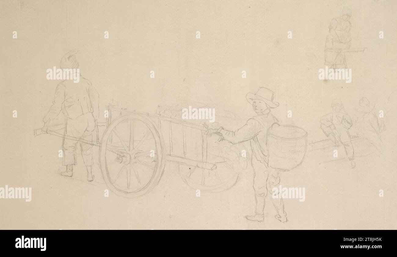 Fermier tirant un chariot derrière lui ; Garçon avec butte ; petits croquis d'une blanchisseuse et de deux figures assises, carnet de croquis Toma Matthias Rudolf ; 53 croquis collés au crayon, pages collées du livre paginées, Matthias Rudolf Toma, Vienne 1792 - 1869 Vienne, dessin, crayon, feuille : 12 cm x 19,3 cm, Autriche Banque D'Images