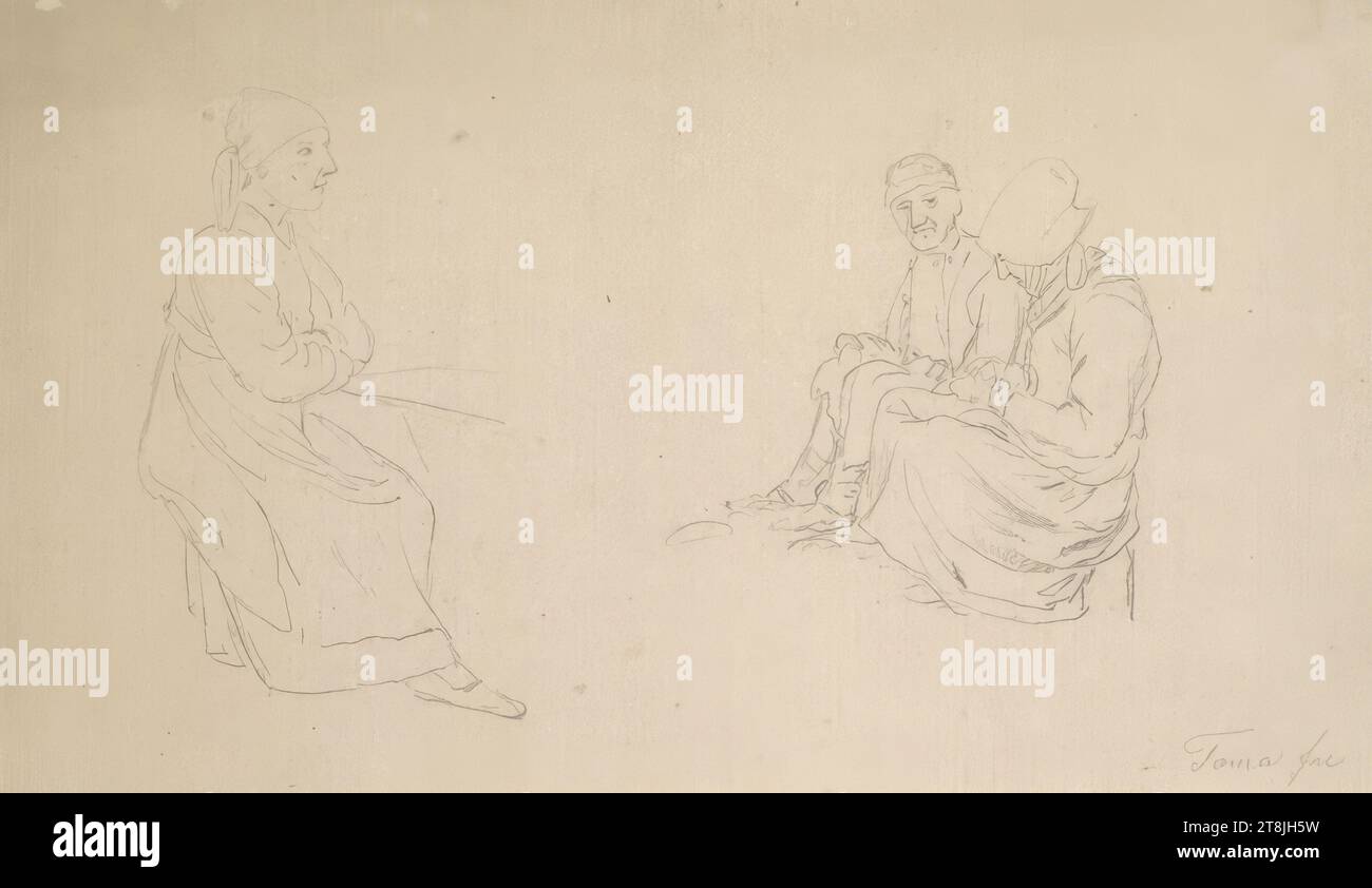 Trois personnes assises, carnet de croquis Toma Matthias Rudolf ; 53 croquis au crayon collés, pages de livres collées paginées, Matthias Rudolf Toma, Vienne 1792 - 1869 Vienne, dessin, crayon, feuille : 11 cm x 19,6 cm, Autriche Banque D'Images