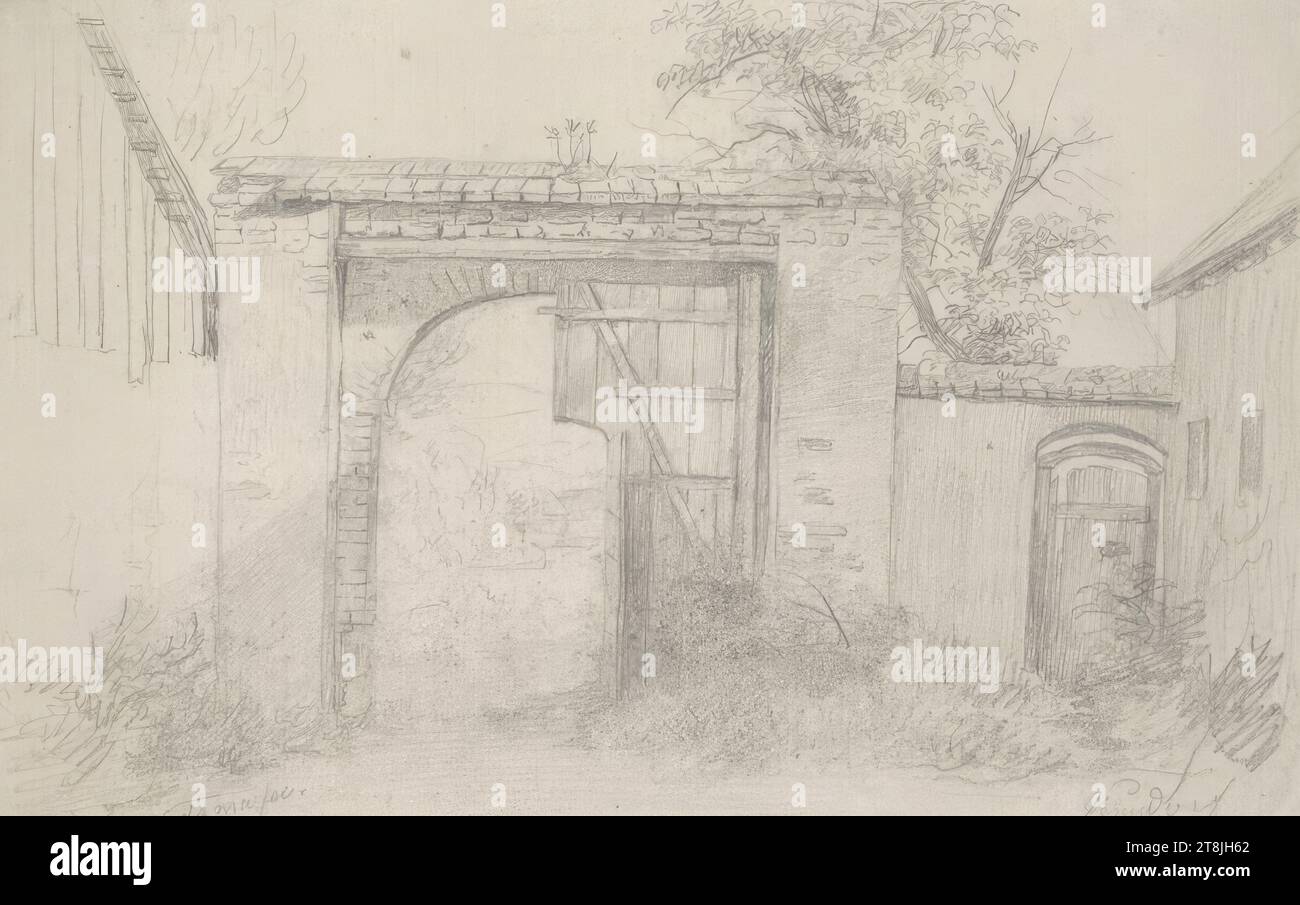 Vue de l'intérieur d'une cour à travers un portail vers l'extérieur, carnet de croquis Toma Matthias Rudolf ; 53 croquis collés au crayon, pages collées de livres paginées, Matthias Rudolf Toma, Vienne 1792 - 1869 Vienne, dessin, crayon, feuille : 12 cm x 19 cm, à droite. 'Rundort', crayon, Autriche Banque D'Images