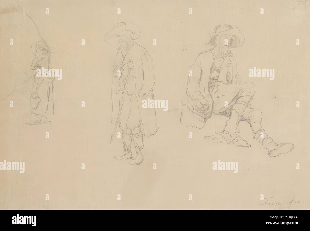 Études de vêtements et de poses pour une femme et deux hommes, carnet de croquis Toma Matthias Rudolf ; 53 croquis collés au crayon, pages collées de livres paginées, Matthias Rudolf Toma, Vienne 1792 - 1869 Vienne, dessin, crayon, feuille : 11,3 cm x 16,9 cm, Autriche Banque D'Images