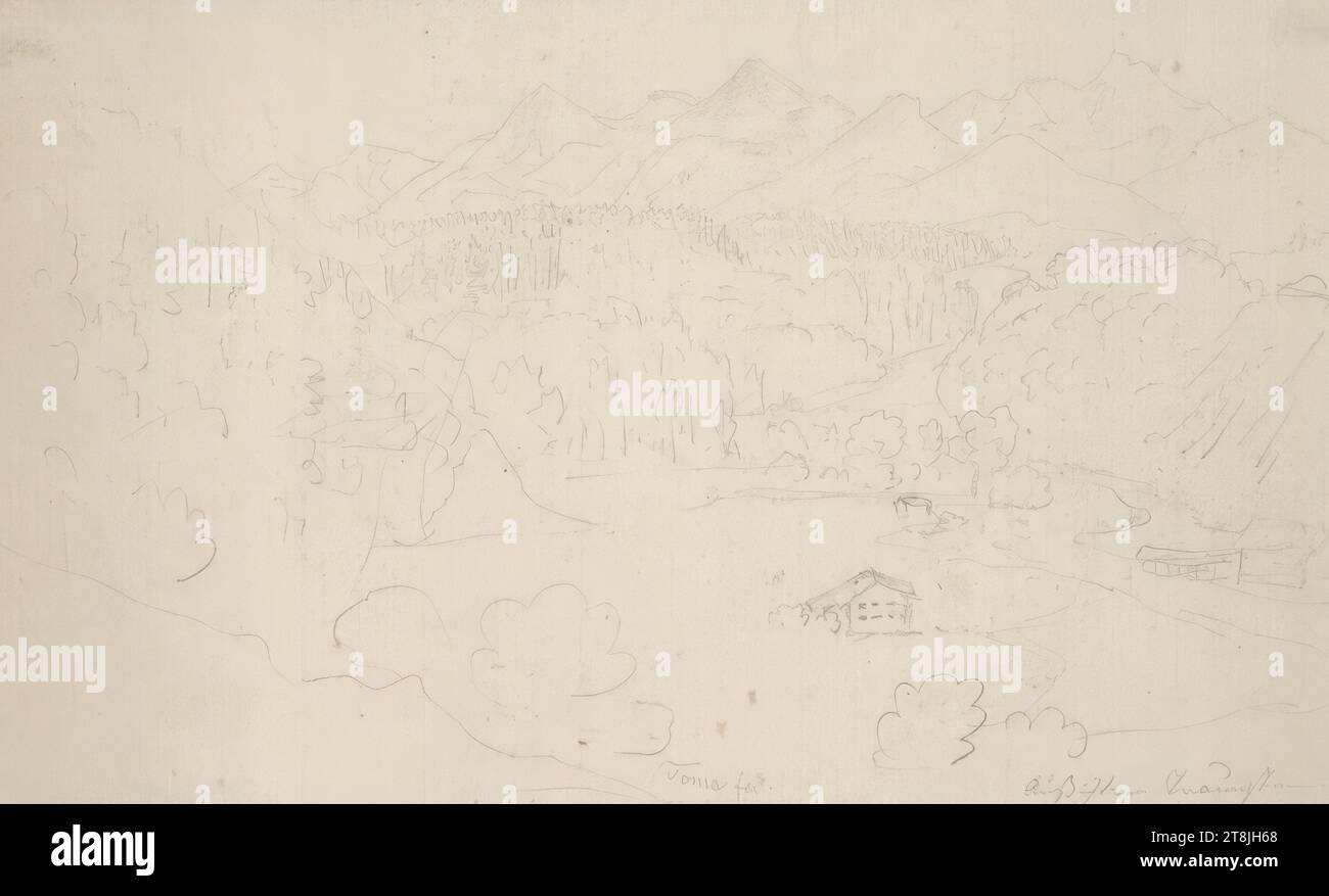 Paysage de montagne et de vallée, vue de Traunstein, carnet de croquis Toma Matthias Rudolf ; 53 croquis collés au crayon, pages collées du livre paginées, Matthias Rudolf Toma, Vienne 1792 - 1869 Vienne, dessin, crayon, feuille : 11,9 cm x 19,6 cm, à droite. 'Vue de Traunstein', crayon, Autriche Banque D'Images