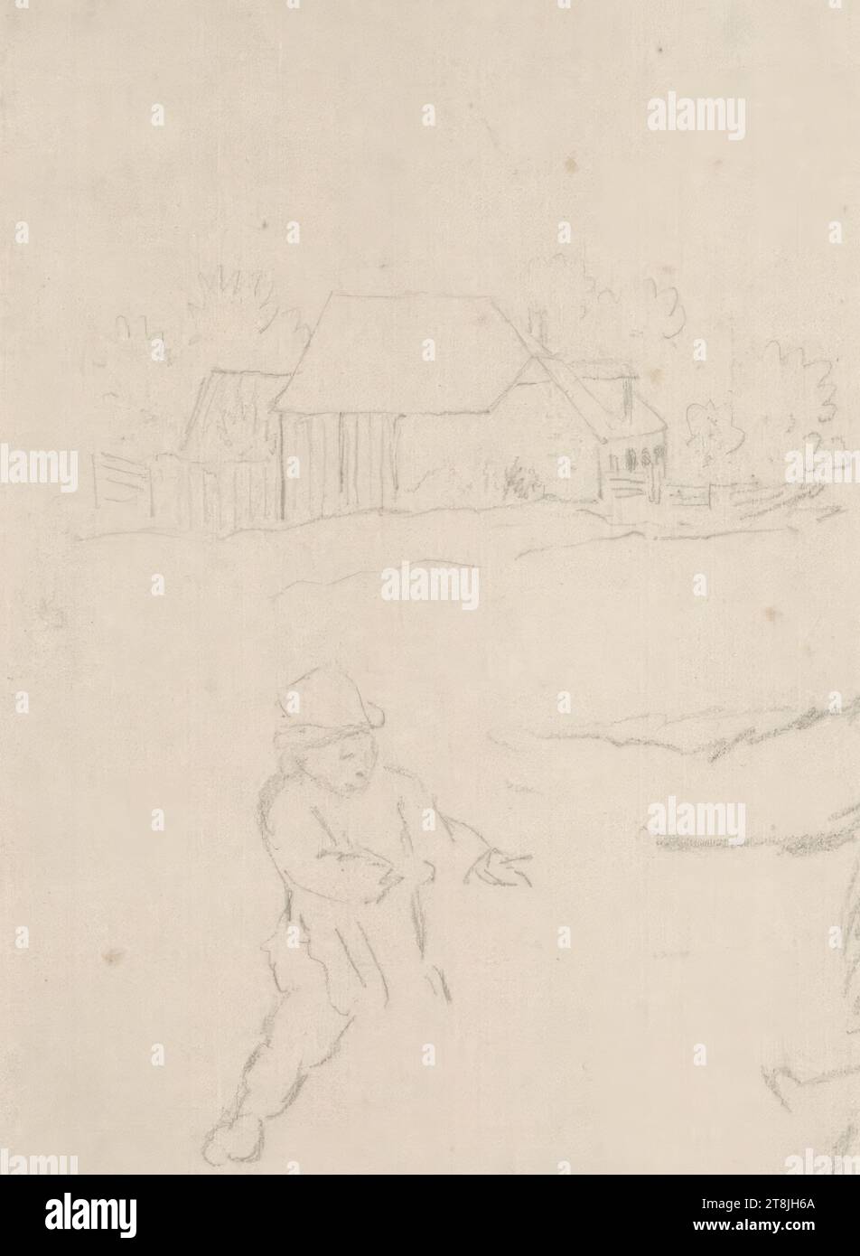 Paysage avec ferme ; figure esquissée avec chapeau au premier plan, carnet de croquis Toma Matthias Rudolf ; 53 croquis collés au crayon, pages collées de livres paginées, Matthias Rudolf Toma, Vienne 1792 - 1869 Vienne, dessin, crayon, feuille : 11 cm x 7,5 cm, Autriche Banque D'Images