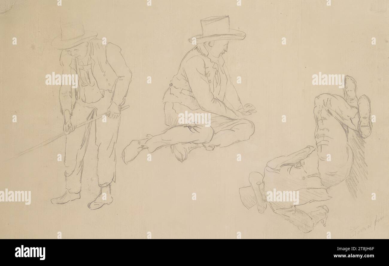 Trois études de mouvement d'un homme dans un chapeau, carnet de croquis Toma Matthias Rudolf ; 53 croquis collés au crayon, pages collées du livre paginées, Matthias Rudolf Toma, Vienne 1792 - 1869 Vienne, dessin, crayon, feuille : 11,8 cm x 19,2 cm, Autriche Banque D'Images