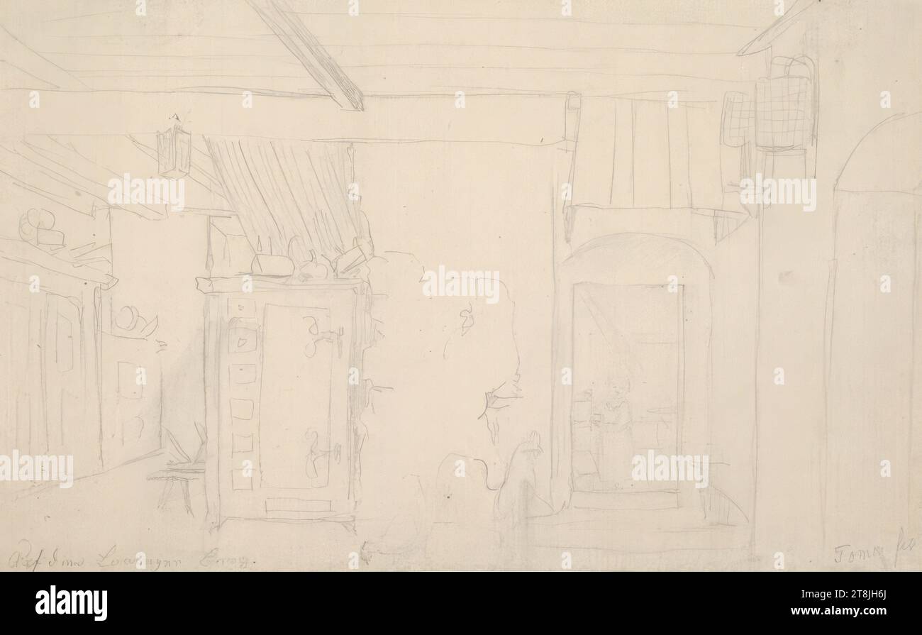 Intérieur d'une ferme, carnet de croquis Toma Matthias Rudolf ; 53 croquis collés au crayon, pages collées du livre paginées, Matthias Rudolf Toma, Vienne 1792 - 1869 Vienne, dessin, crayon, feuille : 11,6 cm x 18,7 cm, l. l. l. 'sur la montagne.', crayon, Autriche Banque D'Images