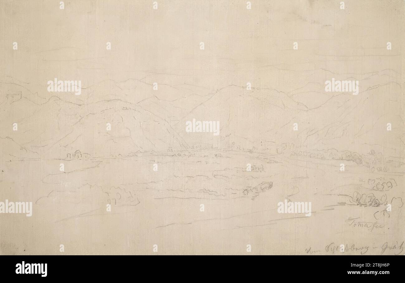 Paysage de montagne et de vallée, vue de Schlossberg à Graz, carnet de croquis Toma Matthias Rudolf ; 53 croquis collés au crayon, pages collées du livre paginées, Matthias Rudolf Toma, Vienne 1792 - 1869 Vienne, dessin, crayon, feuille : 12 cm x 18,9 cm, à droite. 'Du Schloßberg à Grätz', crayon, Autriche Banque D'Images